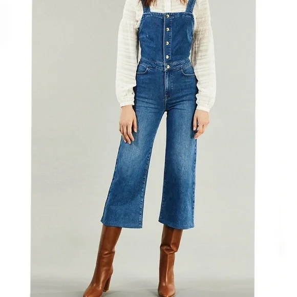 🎉FRAME Claire Denim Cropped Jumpsuit Wide Leg Small - Picture 2 of 16